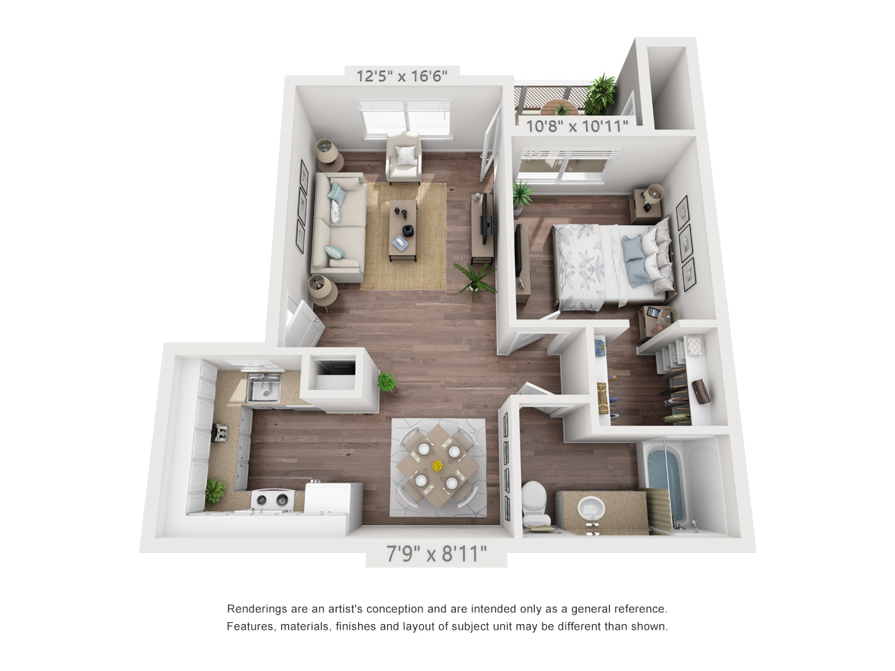 Floor plan for 1 bed, 1 bath, 636 sqft